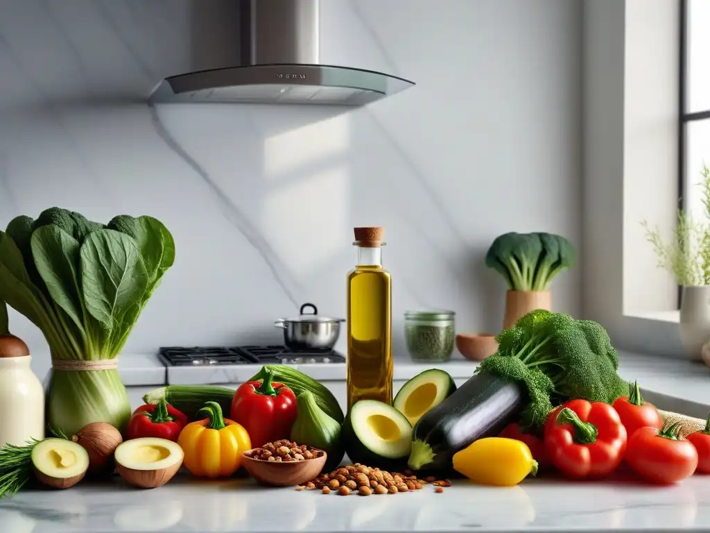 Una escena vibrante en una cocina vegana, con variedad de vegetales coloridos y grasas saludables sobre un elegante mostrador de mármol