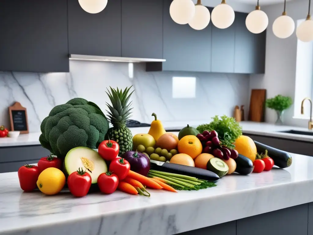 Escena vibrante de cocina vegana con frutas y verduras coloridas en una encimera de mármol, utensilios de cocina en el fondo