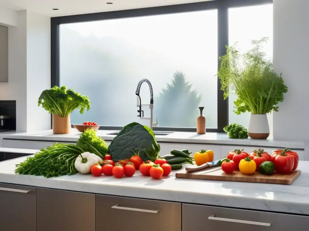 Escena vibrante de cocina vegana con verduras frescas sobre una encimera de mármol blanco