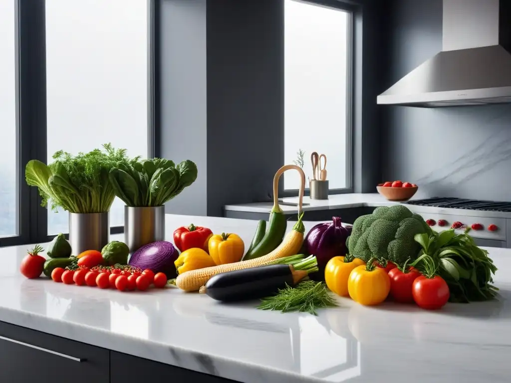 Escena vibrante de cocina vegana 2022 con variedad de coloridos vegetales, frutas y hierbas en elegante encimera de mármol