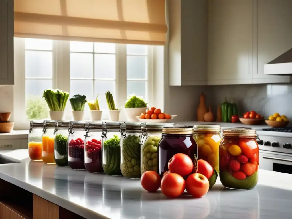Escena vibrante de cocina vegana cruda con alimentos coloridos y conservas caseras