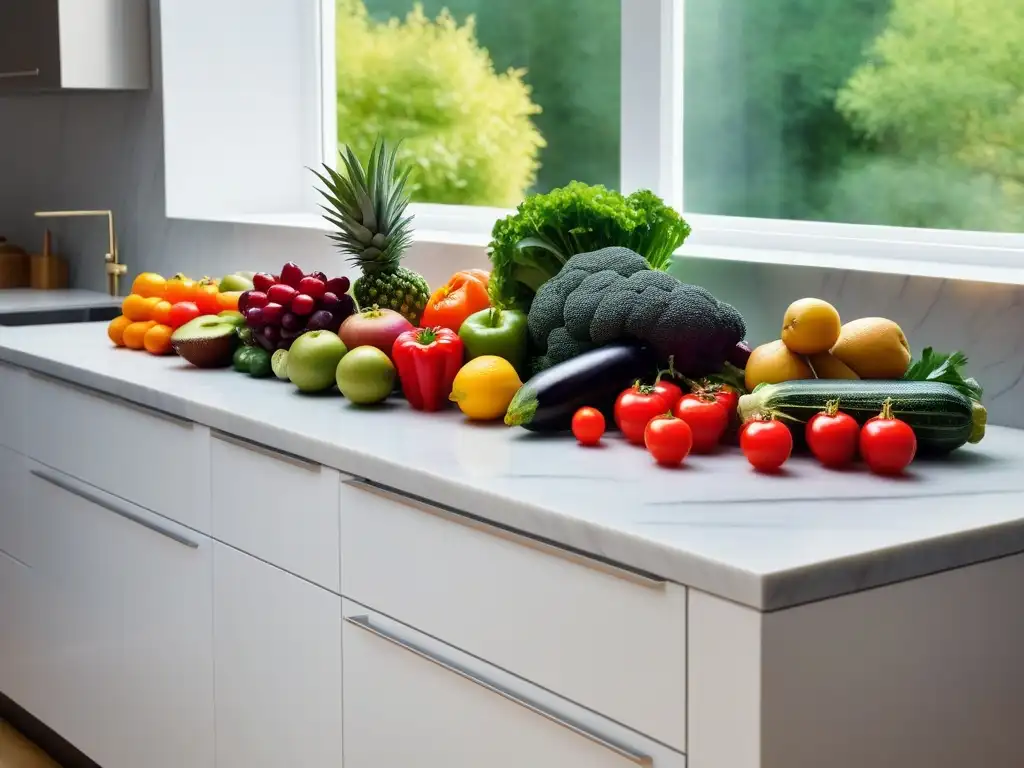 Una escena vibrante de cocina vegana cruda con frutas y verduras frescas en un elegante huerto urbano