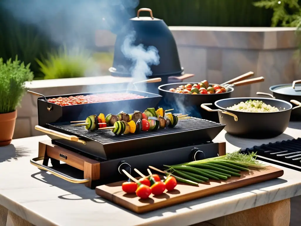 Escena vibrante de cocina vegana al aire libre con grill portátil, verduras en brochetas y ingredientes frescos en encimera de mármol