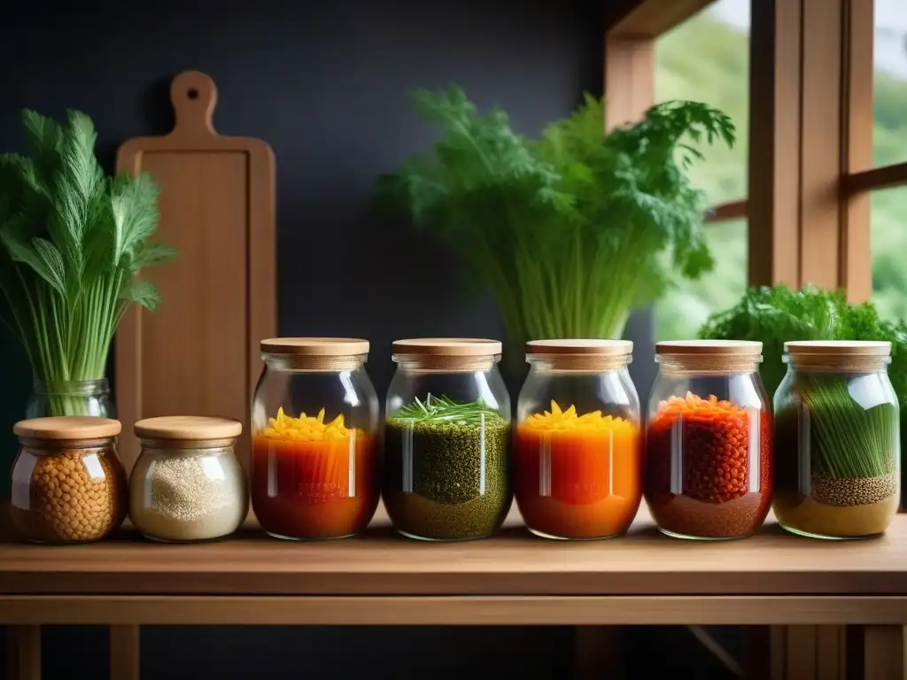 Una escena vibrante de fermentación en cocina vegana asiática