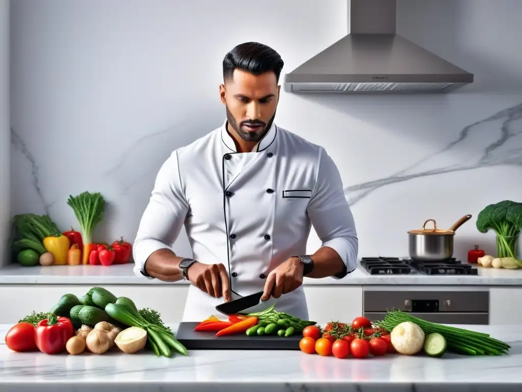 Escena vibrante de cocina vegana con verduras coloridas siendo cortadas, salteadas y servidas en elegante encimera de mármol