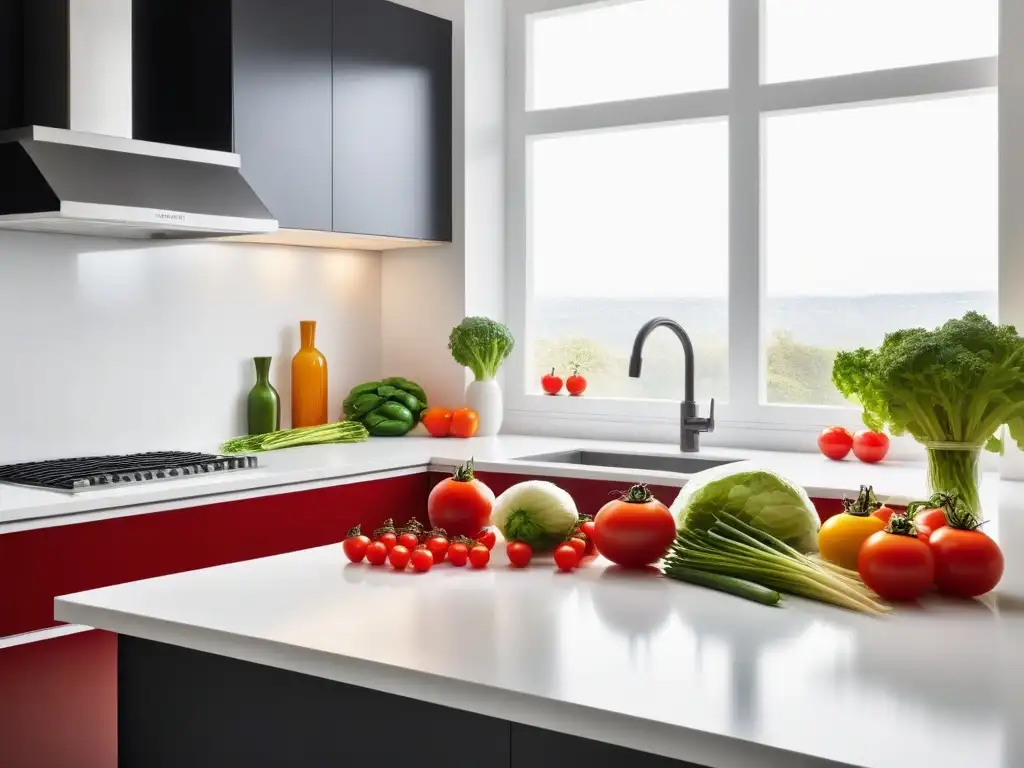 Escena vibrante en cocina: verduras frescas, cuchillo cortando tomate rojo con luz solar