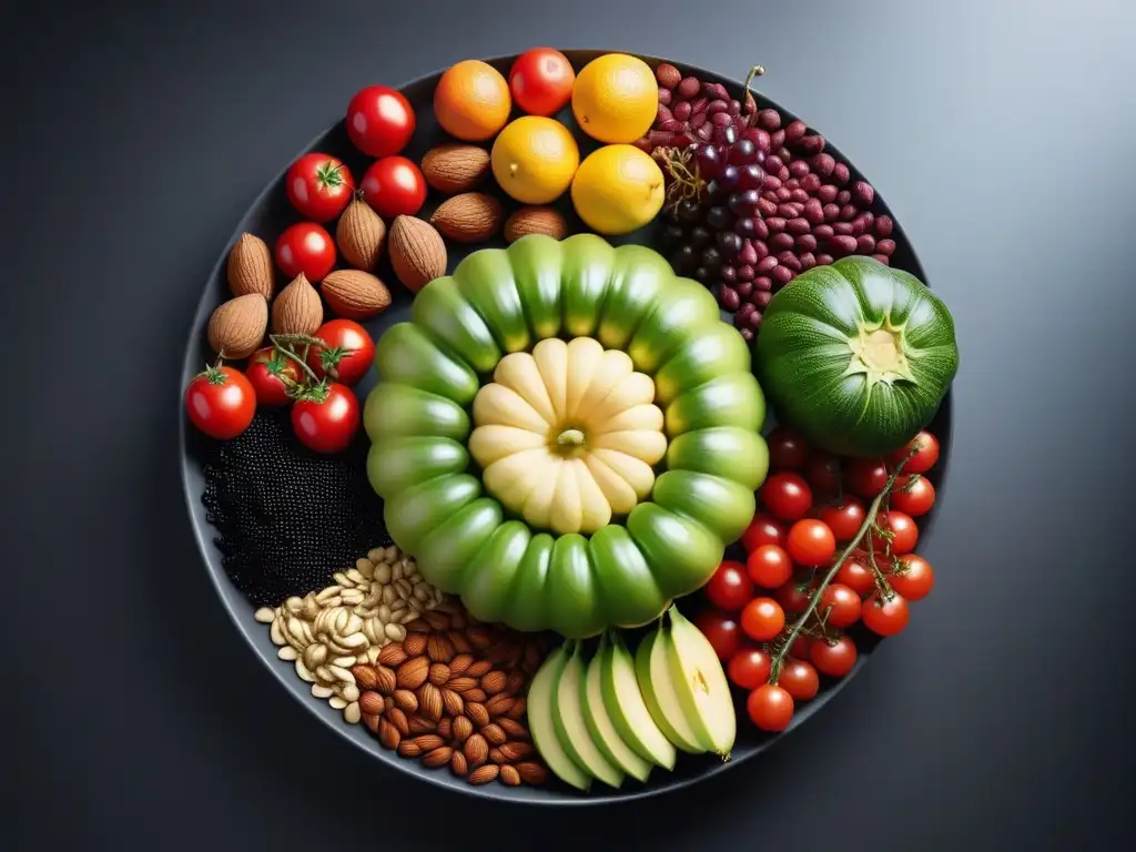 Una escena vibrante y colorida de frutas, verduras y frutos secos en un moderno mostrador