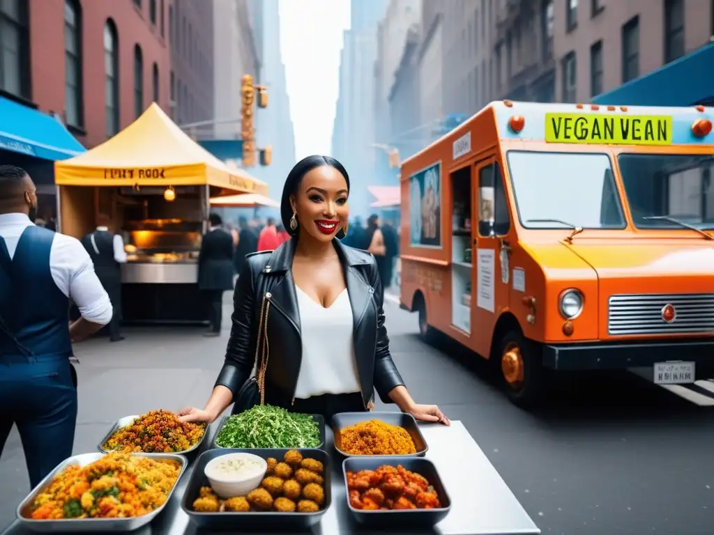 Una escena vibrante de comida callejera en Nueva York, con un camión de comida vegana ofreciendo platos deliciosos de todo el mundo