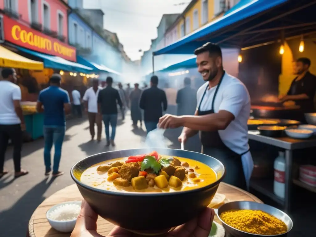 Escena vibrante de comida callejera vegana en Oceanía, sabores y colores se mezclan en el mercado al atardecer