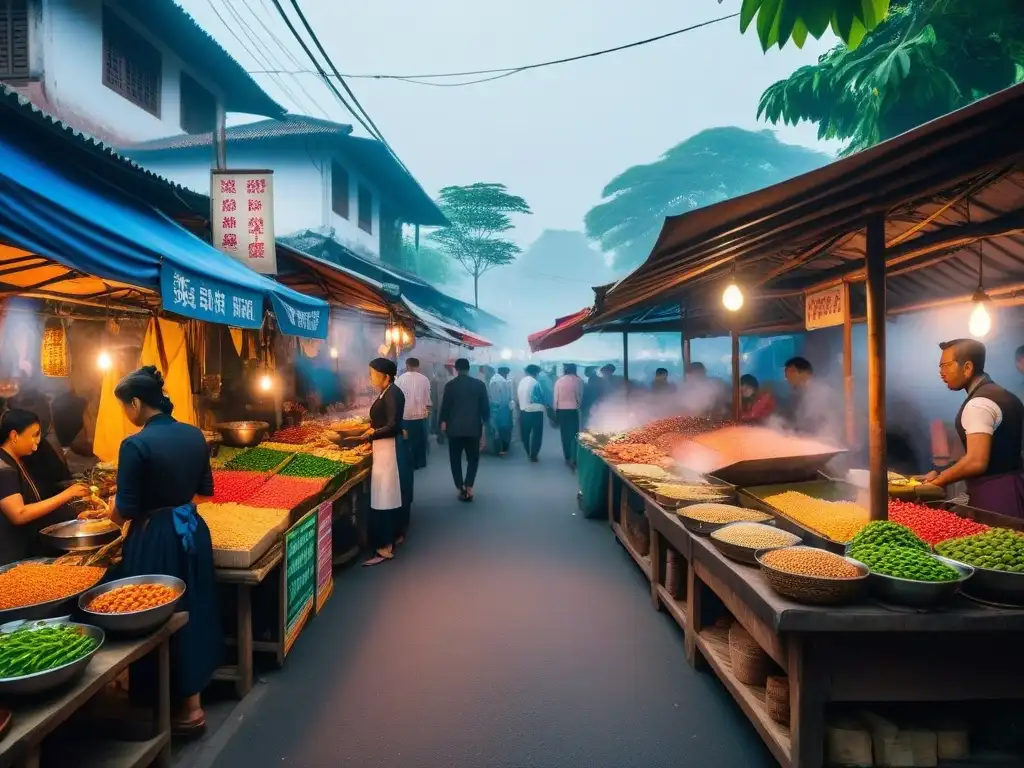 Escena vibrante de comida callejera vegana en el sudeste asiático, con puestos coloridos y deliciosos platillos en un bullicioso mercado callejero