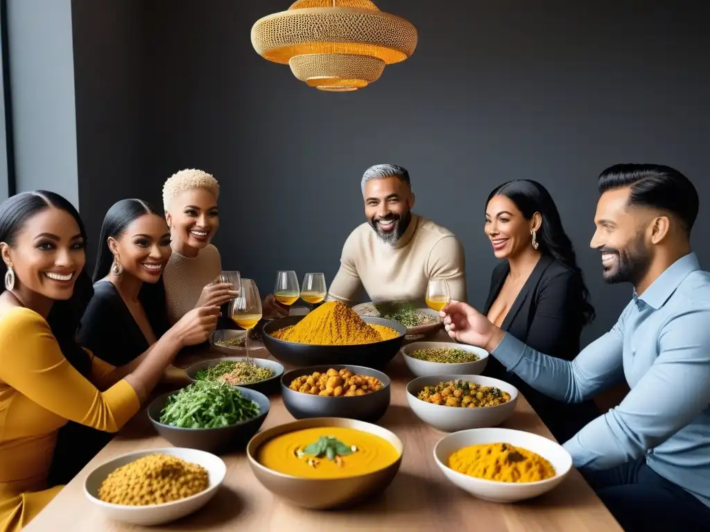 Una escena vibrante y comunitaria de personas disfrutando de un banquete vegano enriquecido con cúrcuma