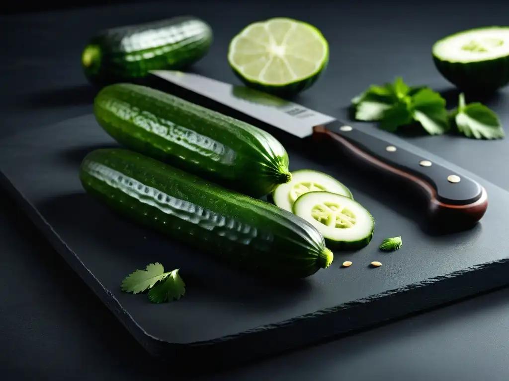 Escena vibrante de cucumbers frescos siendo cortados para receta pickles indios veganos