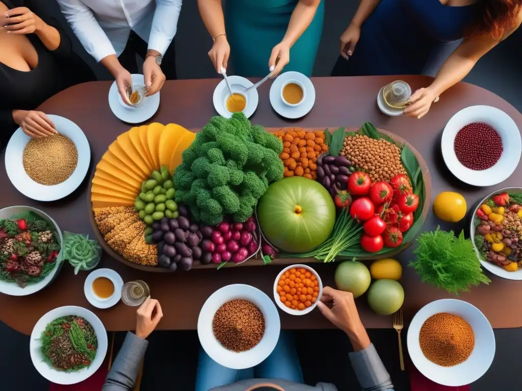 Una escena vibrante y detallada de diversidad en la mesa con comida vegana