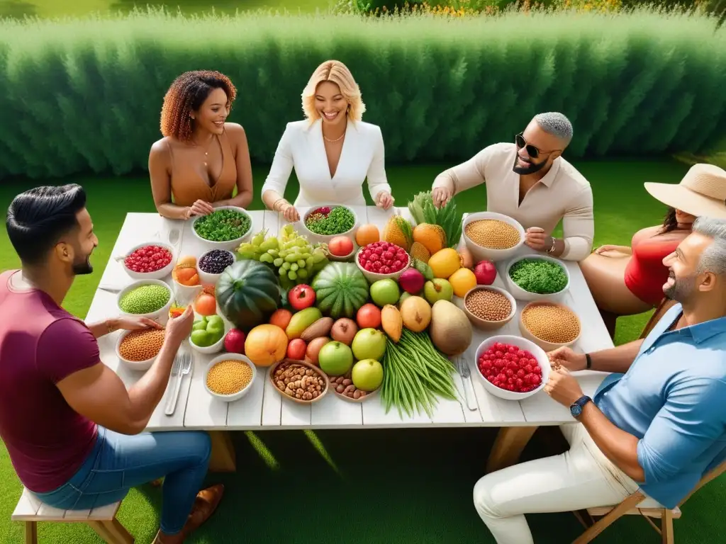 Una escena vibrante y detallada de diversidad en una mesa repleta de alimentos frescos y coloridos en un jardín verde