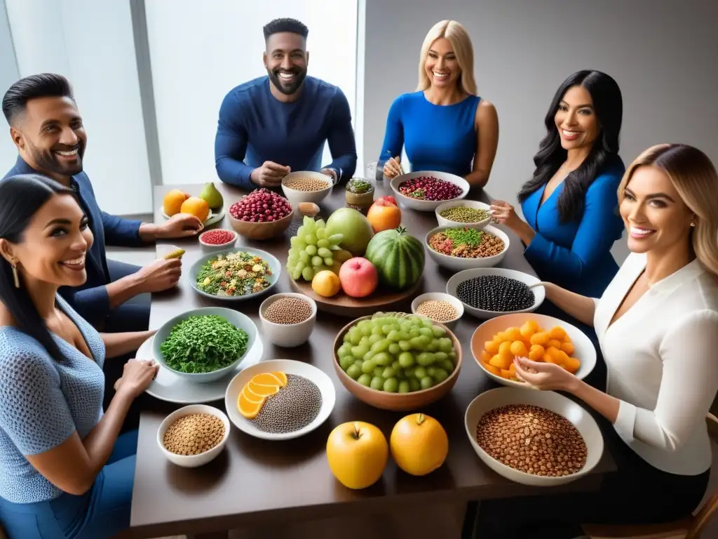 Una escena vibrante y detallada de personas disfrutando superalimentos veganos en una mesa moderna