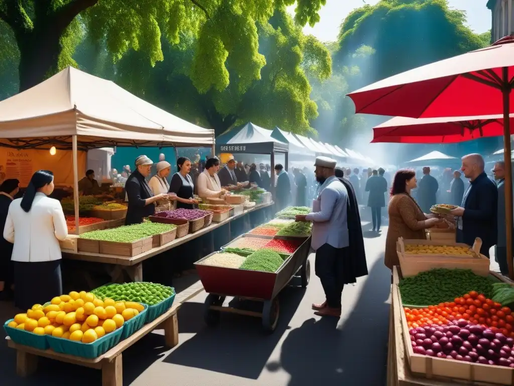 Una escena vibrante y detallada de personas de todo el mundo disfrutando de la comida vegana local en un mercado al aire libre