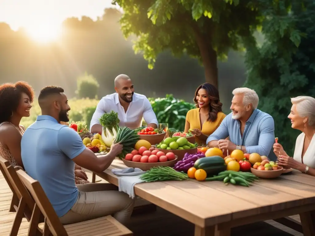 Una escena vibrante y diversa de comunidad disfrutando frutas y verduras frescas al aire libre