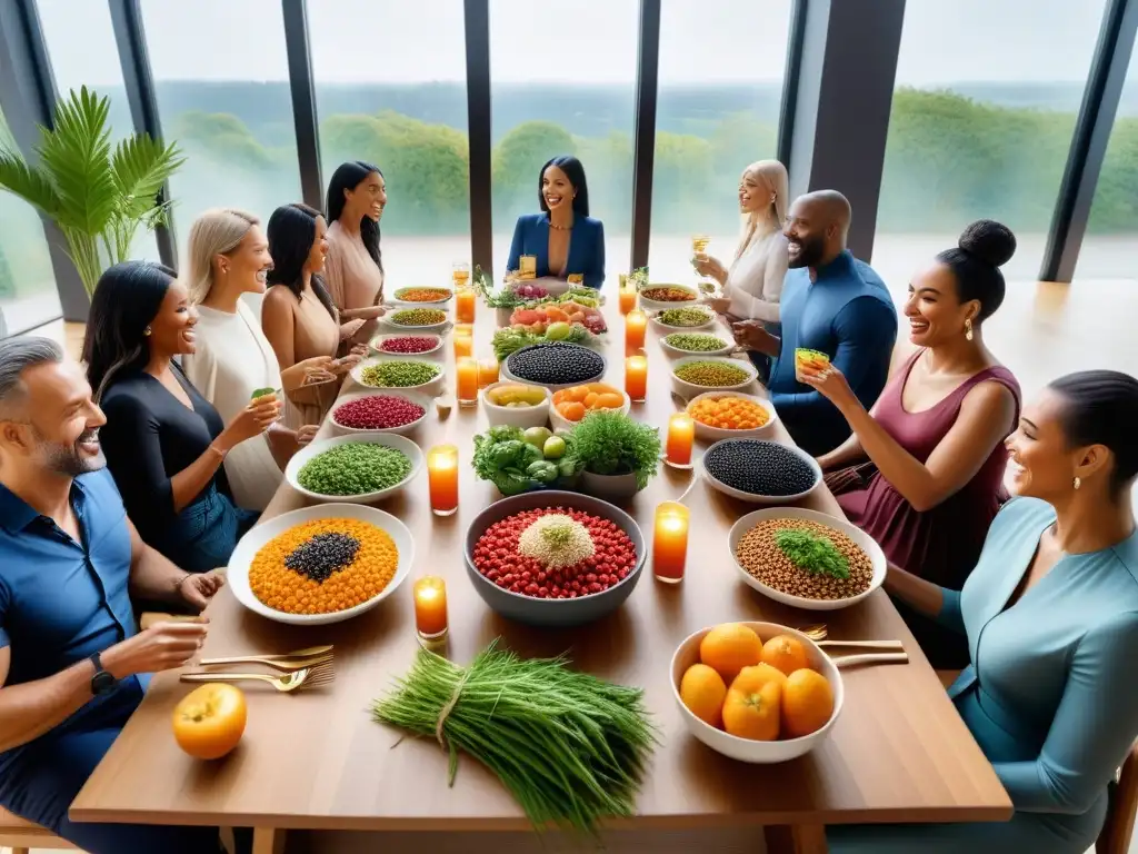 Una escena vibrante y diversa de personas felices comiendo alimentos veganos en comunidad