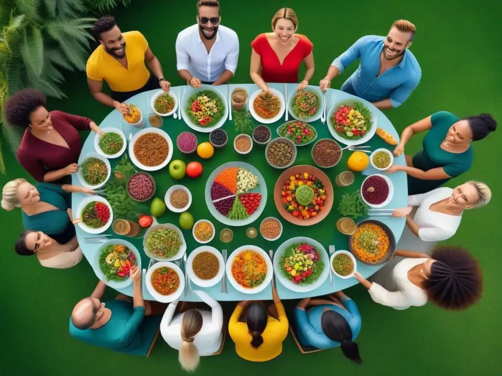 Una escena vibrante de diversidad en la alimentación vegana cruda, mostrando unidad y vitalidad en un jardín exuberante