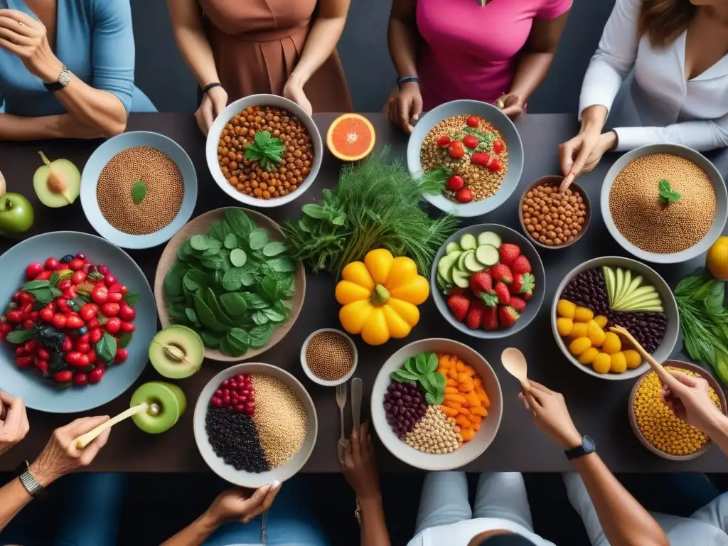 Una escena vibrante de diversidad y bienestar, con personas disfrutando juntas de una comida vegana