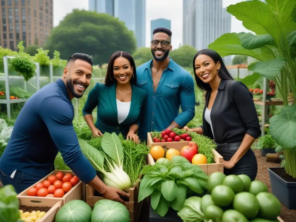 Una escena vibrante de diversidad, comunidad y sostenibilidad en un jardín urbano vegano