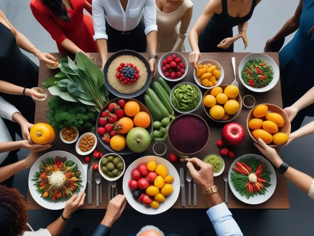 Una escena vibrante de diversidad y comunidad en torno a una comida vegana, resaltando los beneficios científicos del veganismo