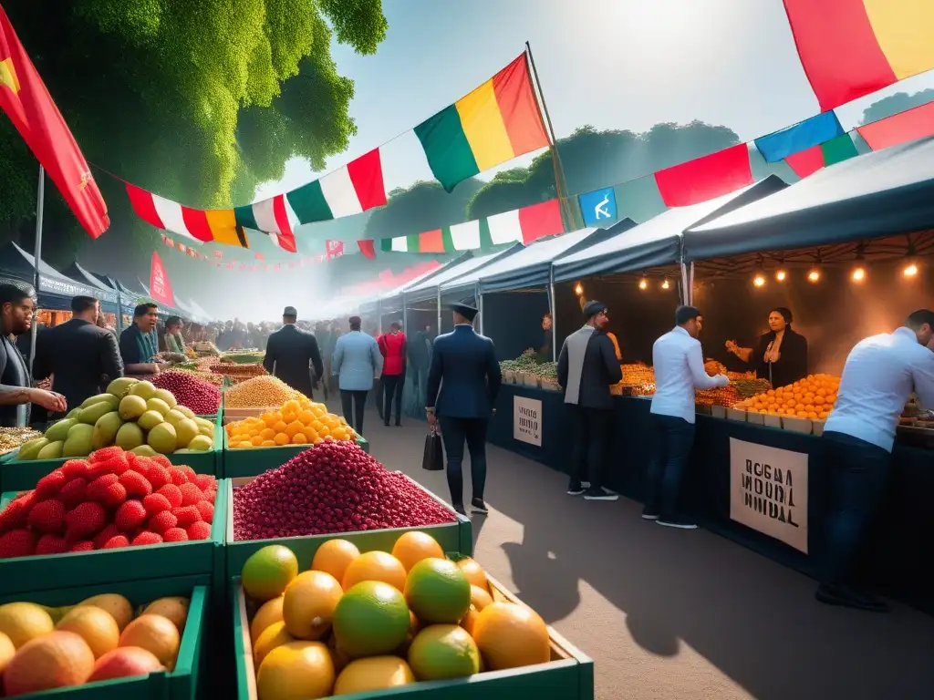 Escena vibrante de festival de comida vegana con delicias mundiales en puestos coloridos