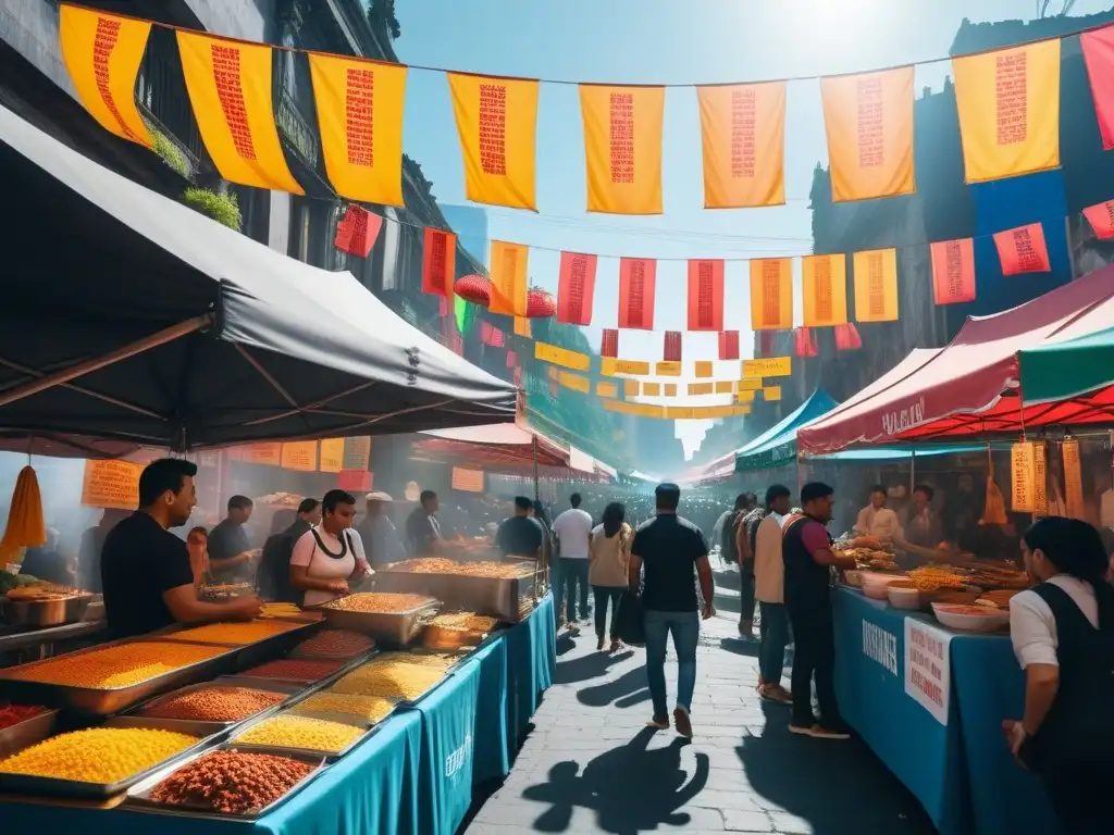 Escena vibrante en un festival de comida vegana en la Ciudad de México, con puestos coloridos y platos deliciosos bajo un cielo azul