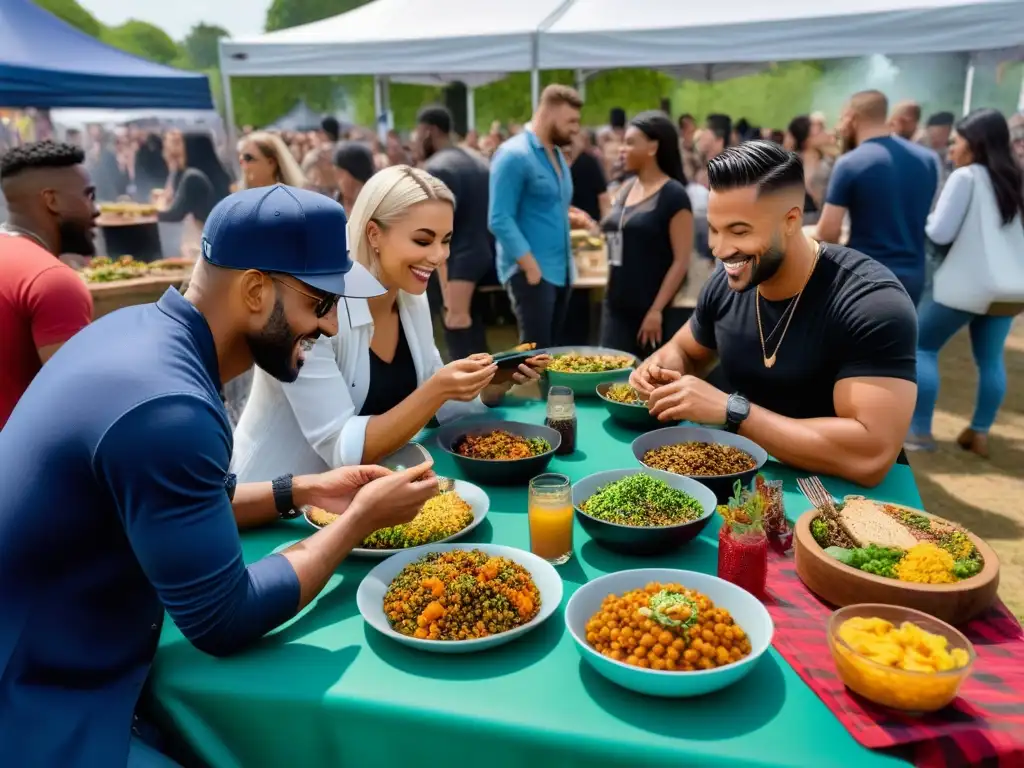 Una escena vibrante en un festival de comida no vegana, destacando la guía supervivencia veganos festivales