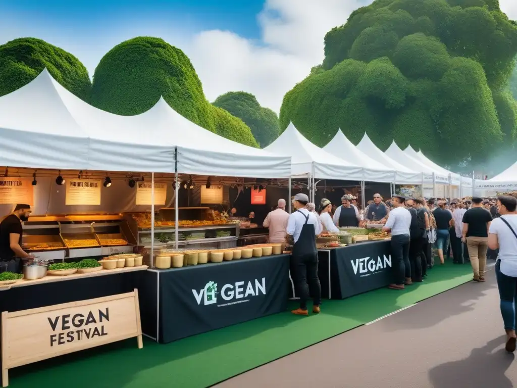 Escena vibrante de festival gastronómico vegano con foodies entusiastas y chefs preparando delicias veganas