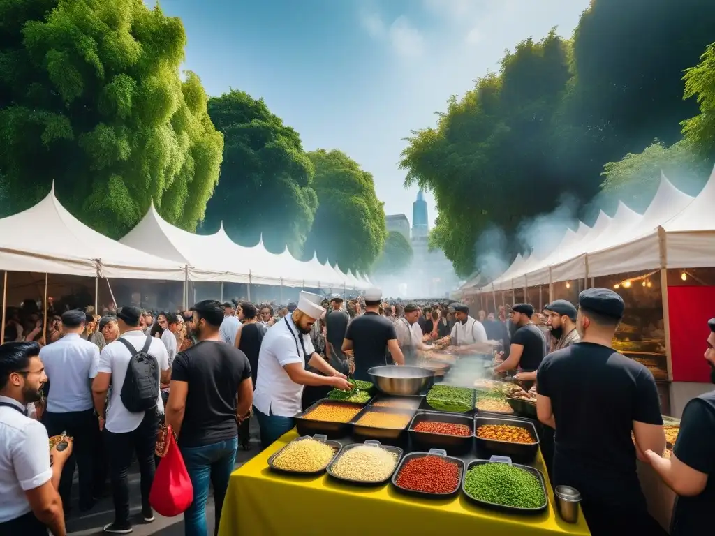 Escena vibrante de festival gastronómico con platos veganos coloridos en puestos de moda