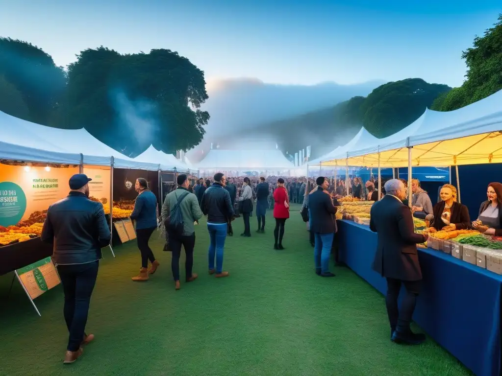 Escena vibrante de festival vegano 2022: puestos coloridos, comida variada, gente disfrutando bajo el cielo azul