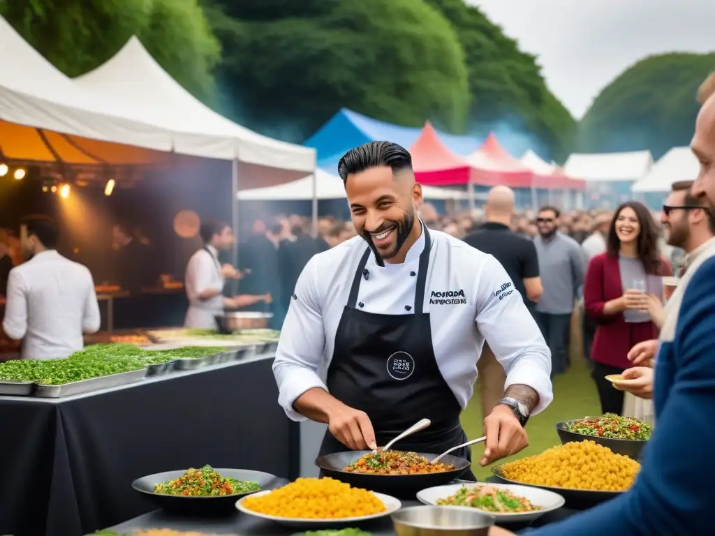 Escena vibrante de festival vegano con impacto cultural en la diversidad de personas disfrutando platillos coloridos de todo el mundo