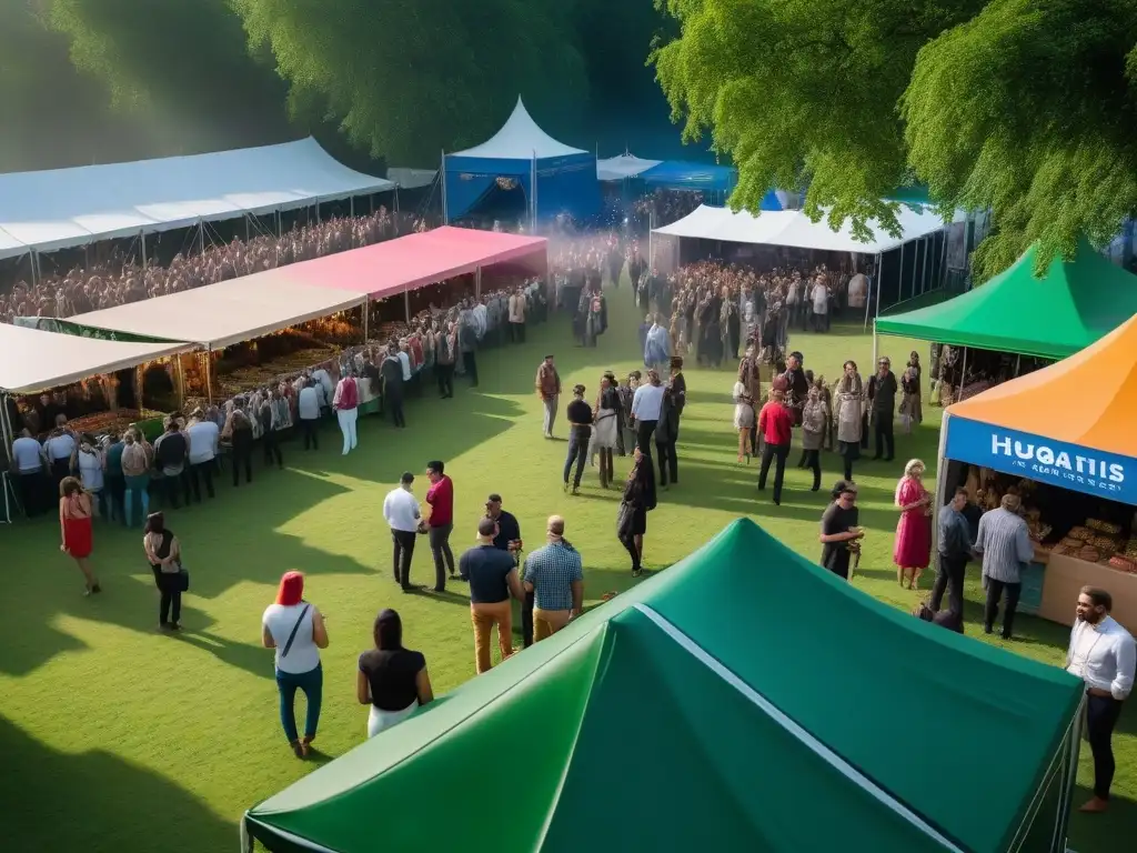 Escena vibrante de festival vegano 2022 desde arriba, con multitud diversa disfrutando de comida colorida y actividades ecofriendly