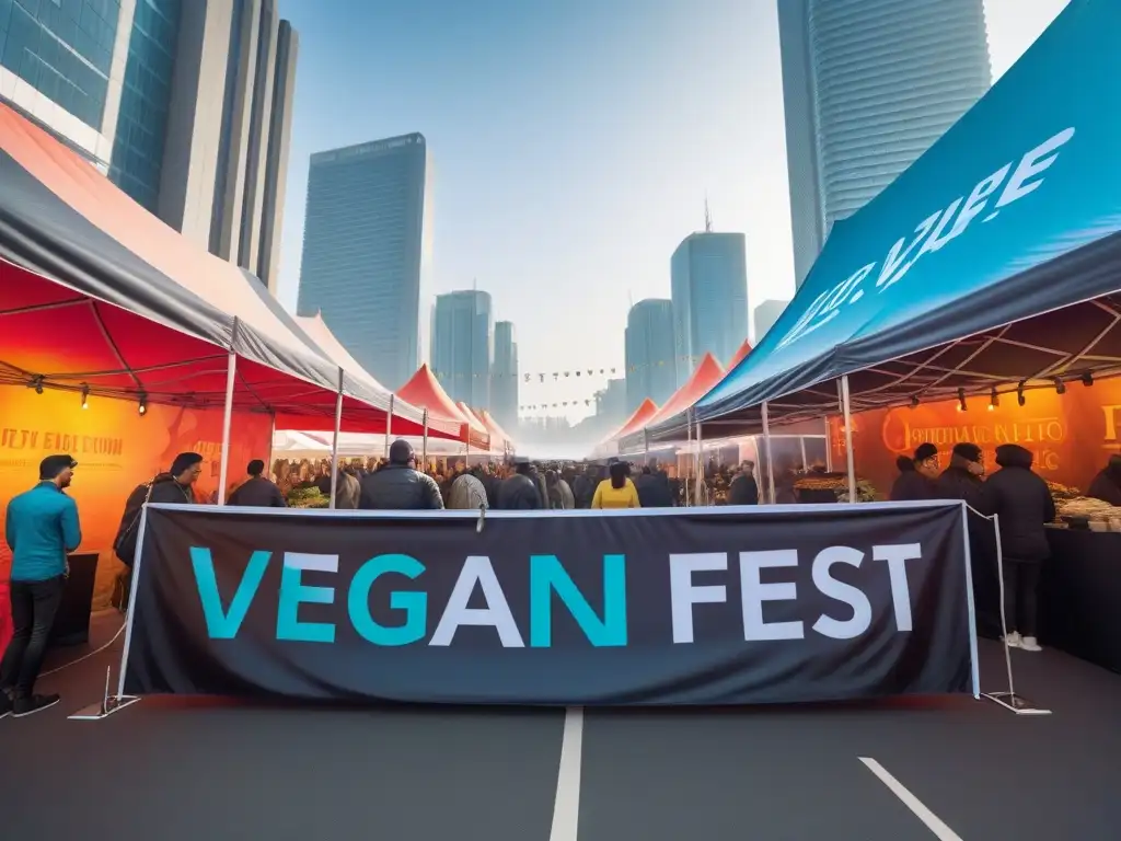 Escena vibrante de festival vegano en ciudad, platos coloridos, diversidad de personas y ambiente sostenible