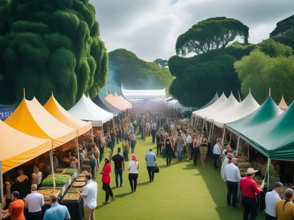 Escena vibrante en festival vegano con delicias culinarias y diversidad de personas disfrutando de experiencias culinarias únicas