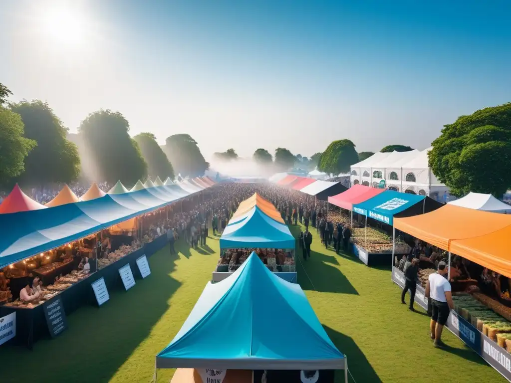 Escena vibrante en un festival vegano con comida colorida, música en vivo y opciones de estilo de vida vegana