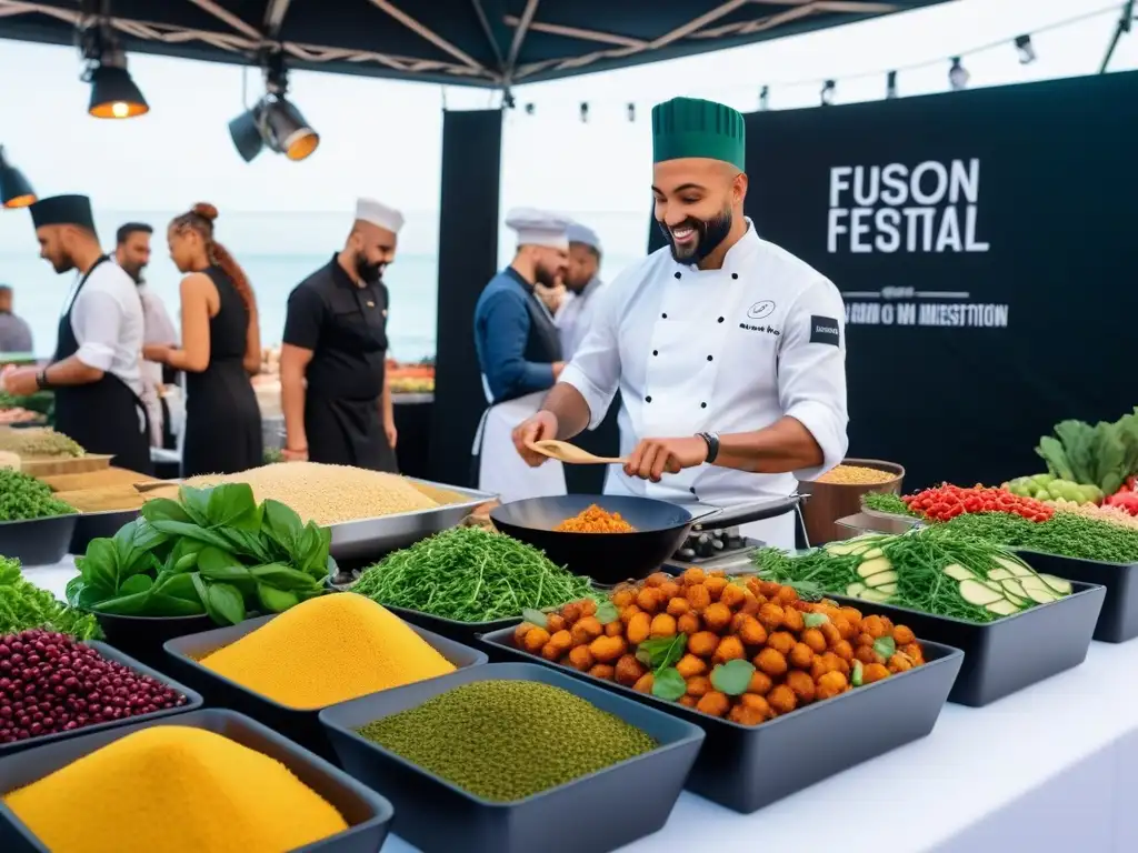 Escena vibrante en festival vegano gastronomía mundial: gente diversa disfruta de coloridos platos, chef crea plato innovador