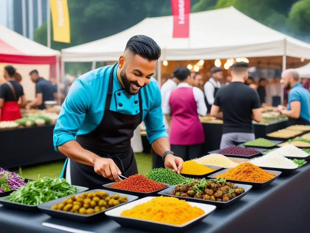 Escena vibrante de festival vegano gastronomía mundial con diversidad, creatividad y comunidad