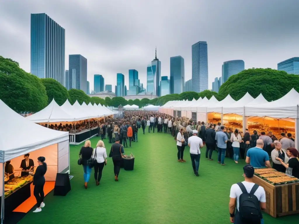 Escena vibrante en festival vegano gastronomía mundial: coloridas paradas de comida, gente disfrutando y skyline urbano al fondo