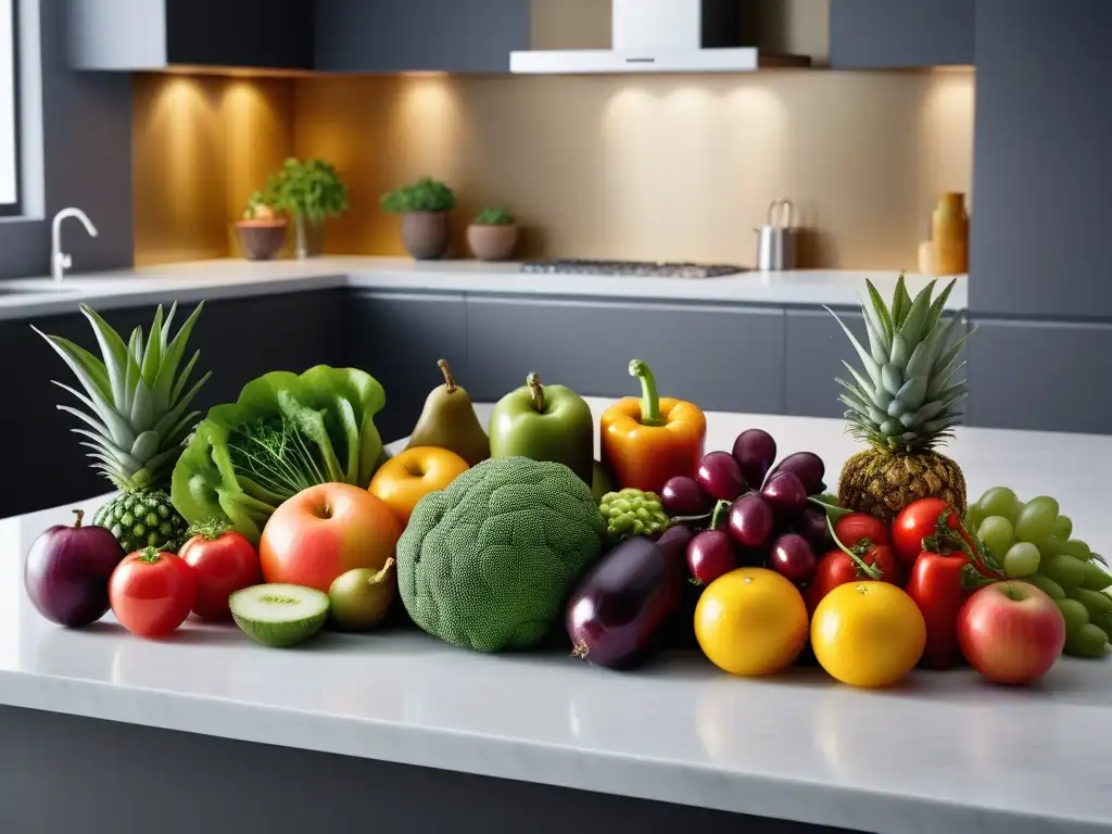 Escena vibrante de frutas y verduras frescas en cocina moderna