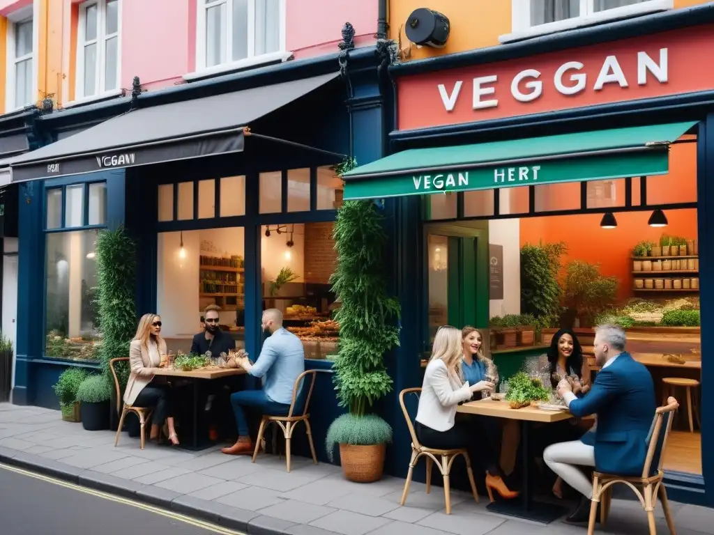 Una escena vibrante de inversiones empresas gastronomía vegana en una bulliciosa calle llena de restaurantes y cafeterías veganos de moda