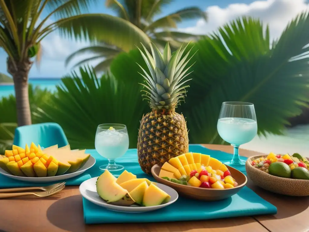 Una escena vibrante de isla tropical con frutas frescas y platos veganos en un entorno exótico