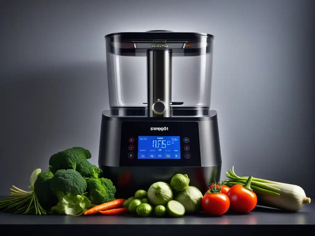 Una escena vibrante de una máquina sous vide rodeada de vegetales y proteínas vegetales coloridos, cocinados a la perfección