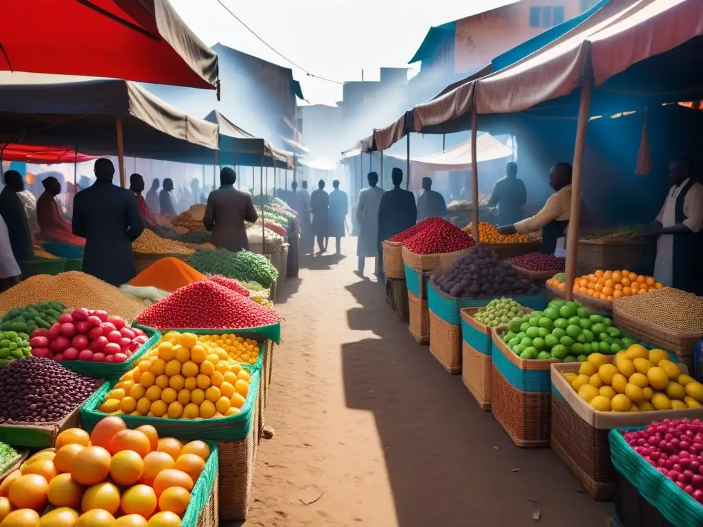 Escena vibrante de un mercado africano con frutas, verduras y especias coloridas, reflejando la evolución de la cocina vegana africana