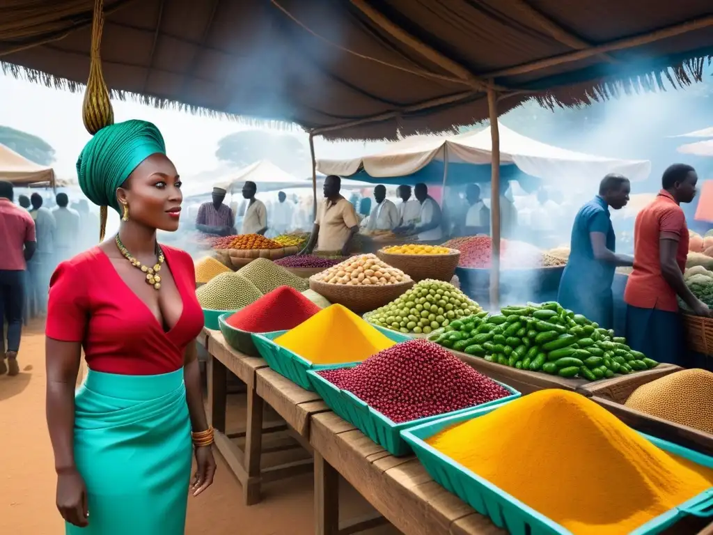 Escena vibrante de mercado africano con ingredientes frescos y coloridos en puestos de madera