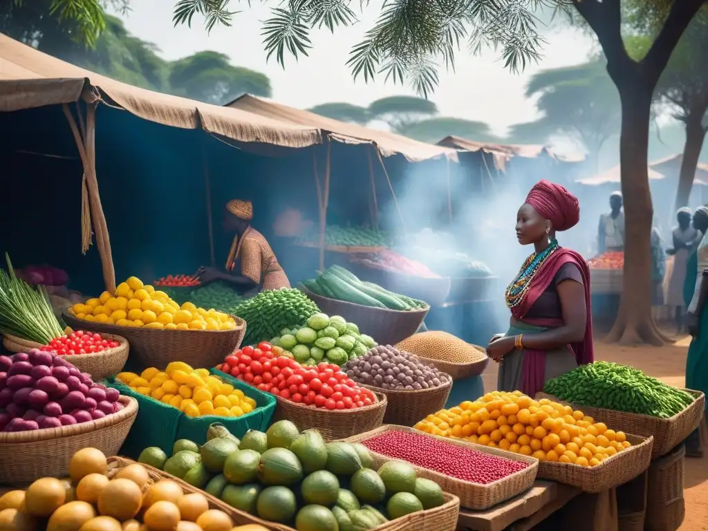 Escena vibrante en un mercado africano con ingredientes veganos