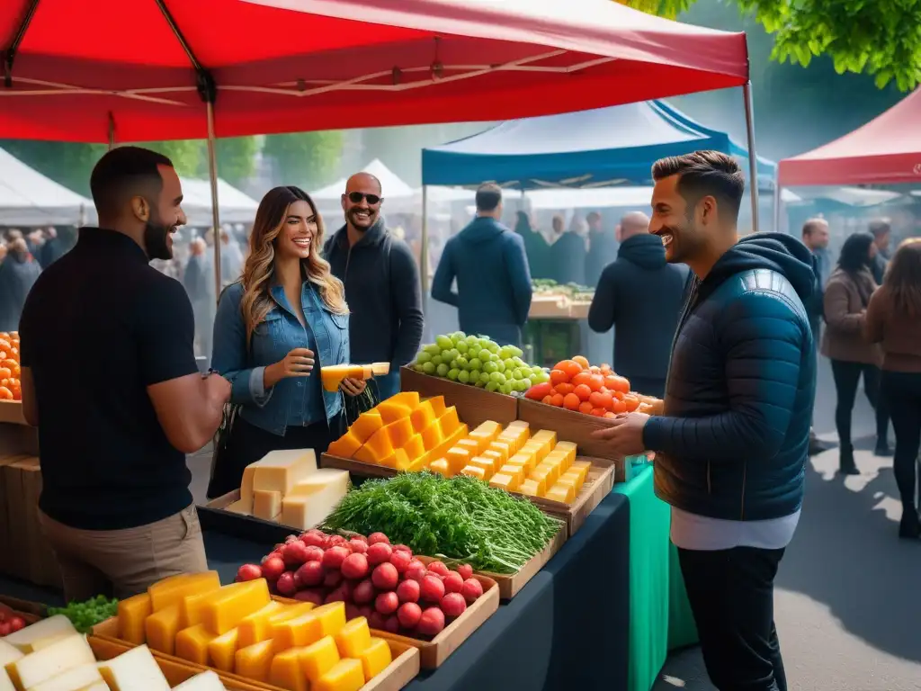 Una escena vibrante de un mercado de agricultores con puestos coloridos rebosantes de frutas y verduras frescas y orgánicas