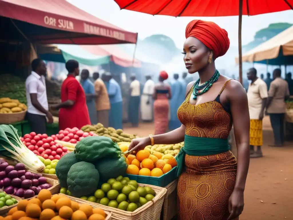 Una escena vibrante en un mercado al aire libre en África, con vendedores y clientes diversos