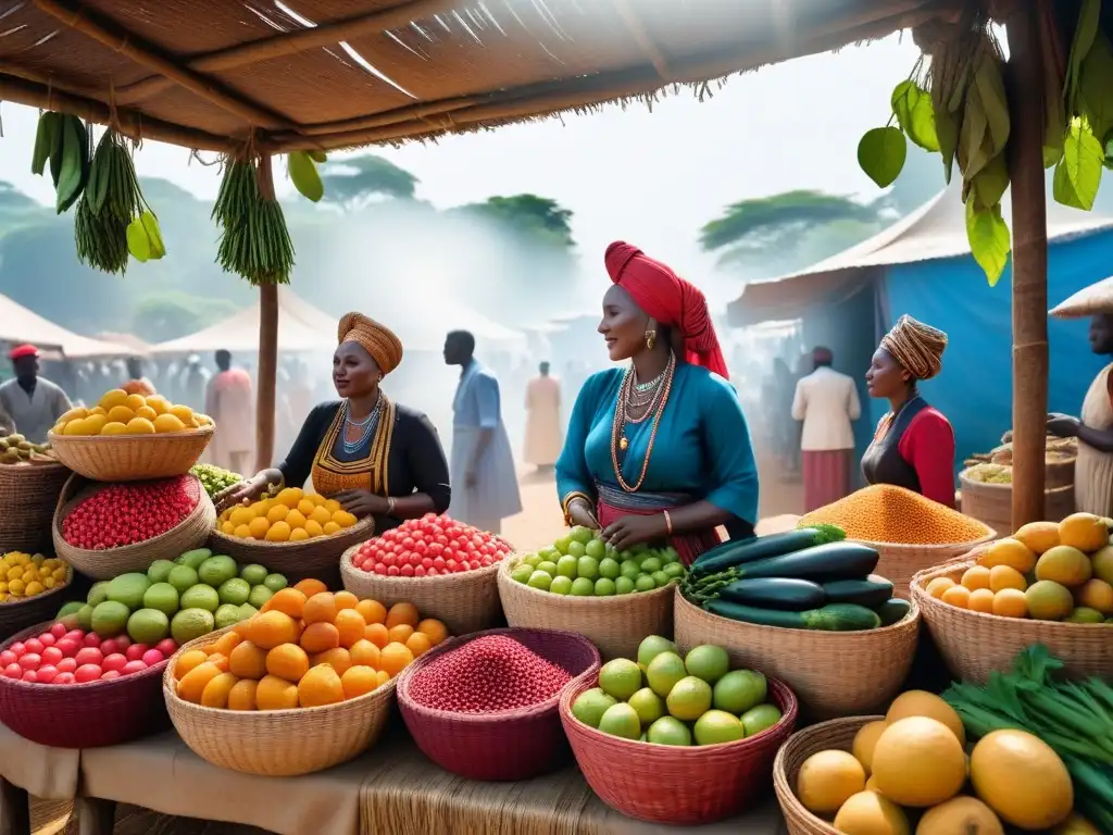 Escena vibrante de un mercado al aire libre en África con frutas, verduras y granos coloridos